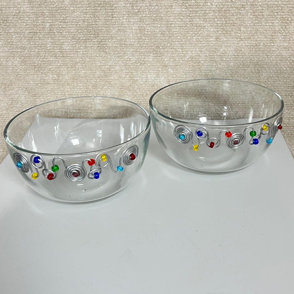 Dary Rees 6 Inch Glass Wire Beaded Cereal‎ Bowls Set of 2